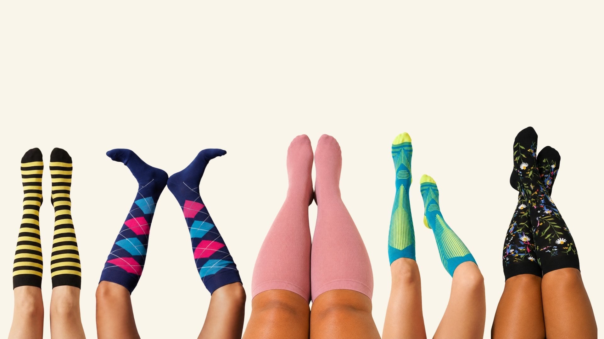 Bright Step compression socks - five pairs of legs in different patterns and colours