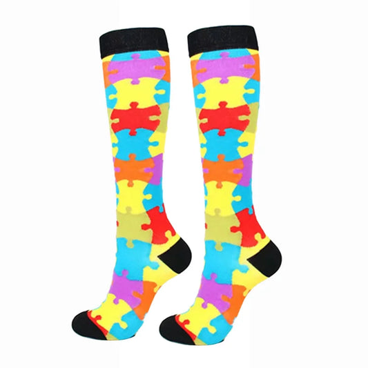 "Piece Together" Rainbow Puzzle Knee-High Compression Socks